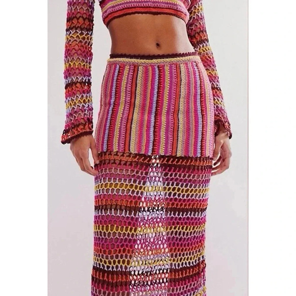 NWT Free People Bali Sunrise Skirt Crochet Knit Mid Rise Long Maxi Rainbow - Picture 3 of 15